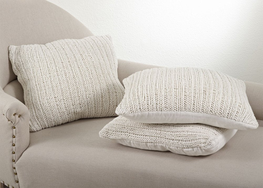Fennco Styles Darcy Knitted Down Filled Throw Pillow, 20-inch Square - Ivory Cotton Accent Pillow for Home, Couch, Bedroom, Living Room and Office Décor