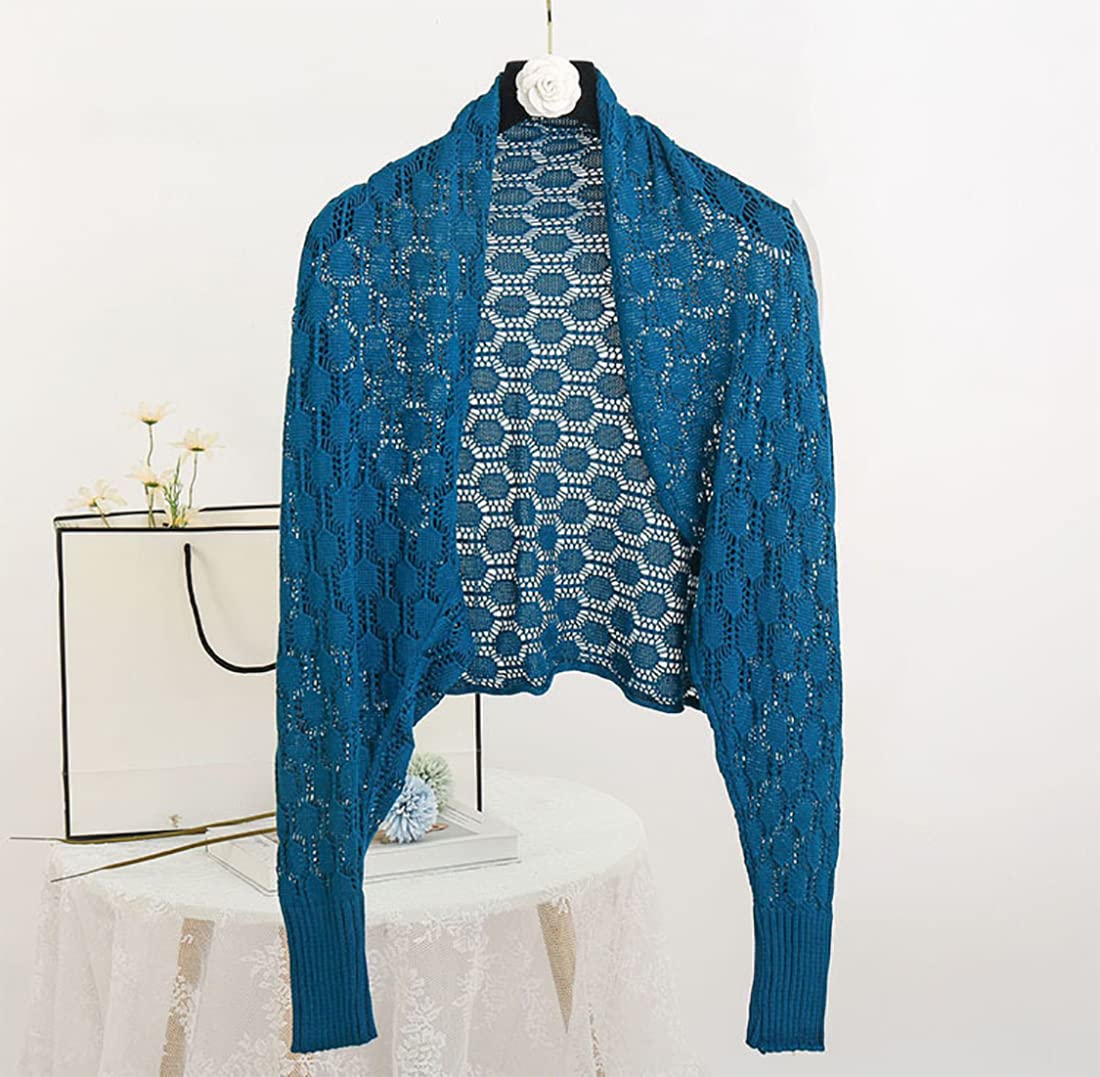 stylesilove Women Lightweight Crochet Hollow Bolero Shrug Long Sleeve Cardigan Soft Sweater Open Front Cape Shawl