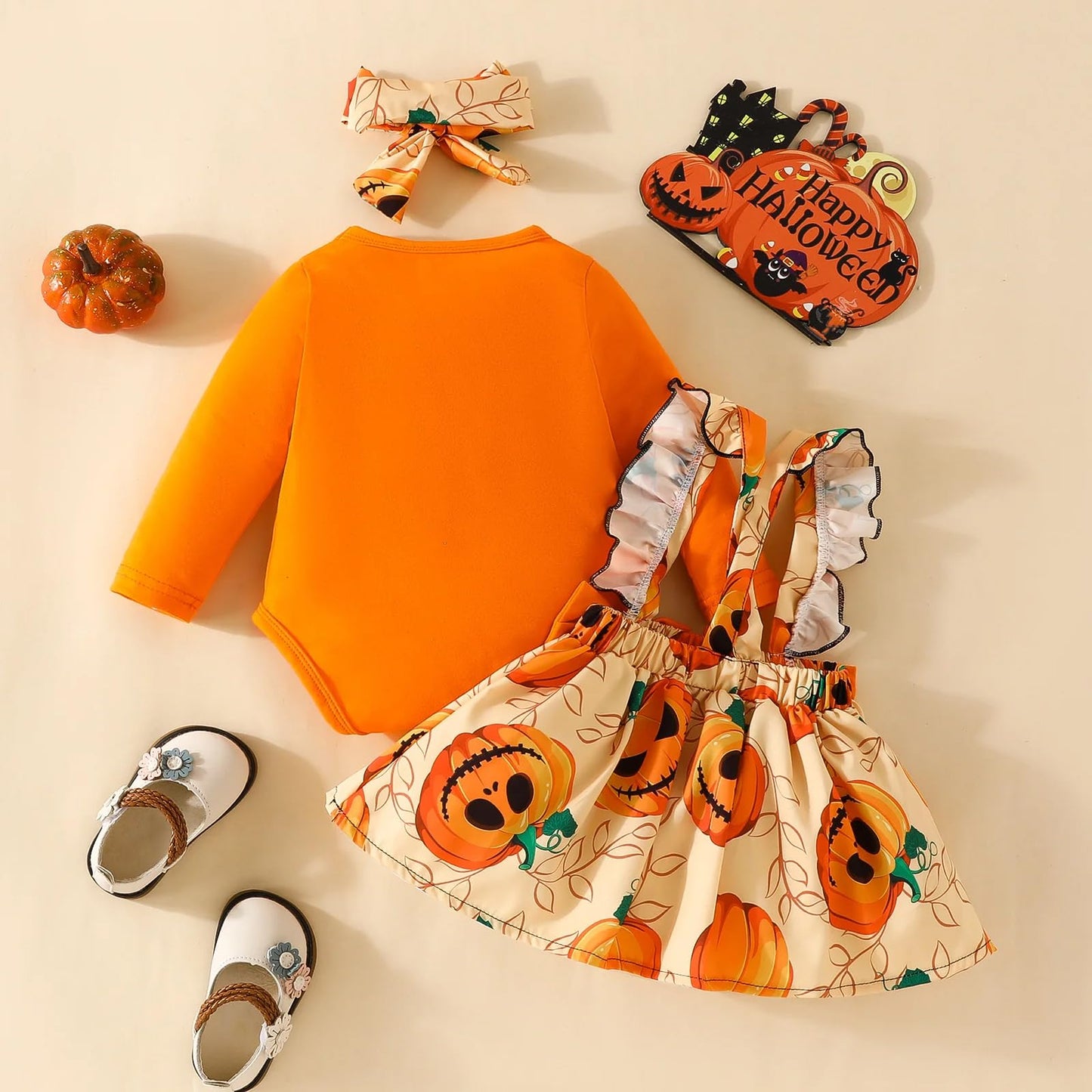 stylesilove Infant Baby Girl Orange Long Sleeve Romper Pumpkin Print Overall Dress with Headband 3pcs Halloween Outfit