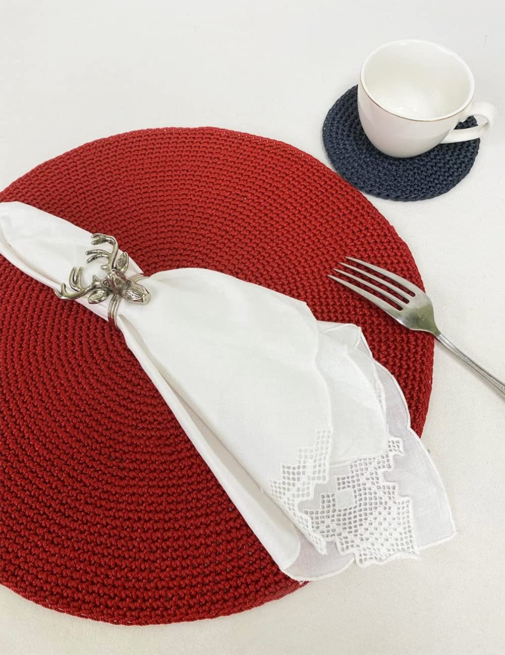 Fennco Styles Handmade Crochet Farmhouse Placemats 14-inch Round, Set of 4 - Decorative Table Mats for Home Décor, Dining Table, Banquets and Special Events