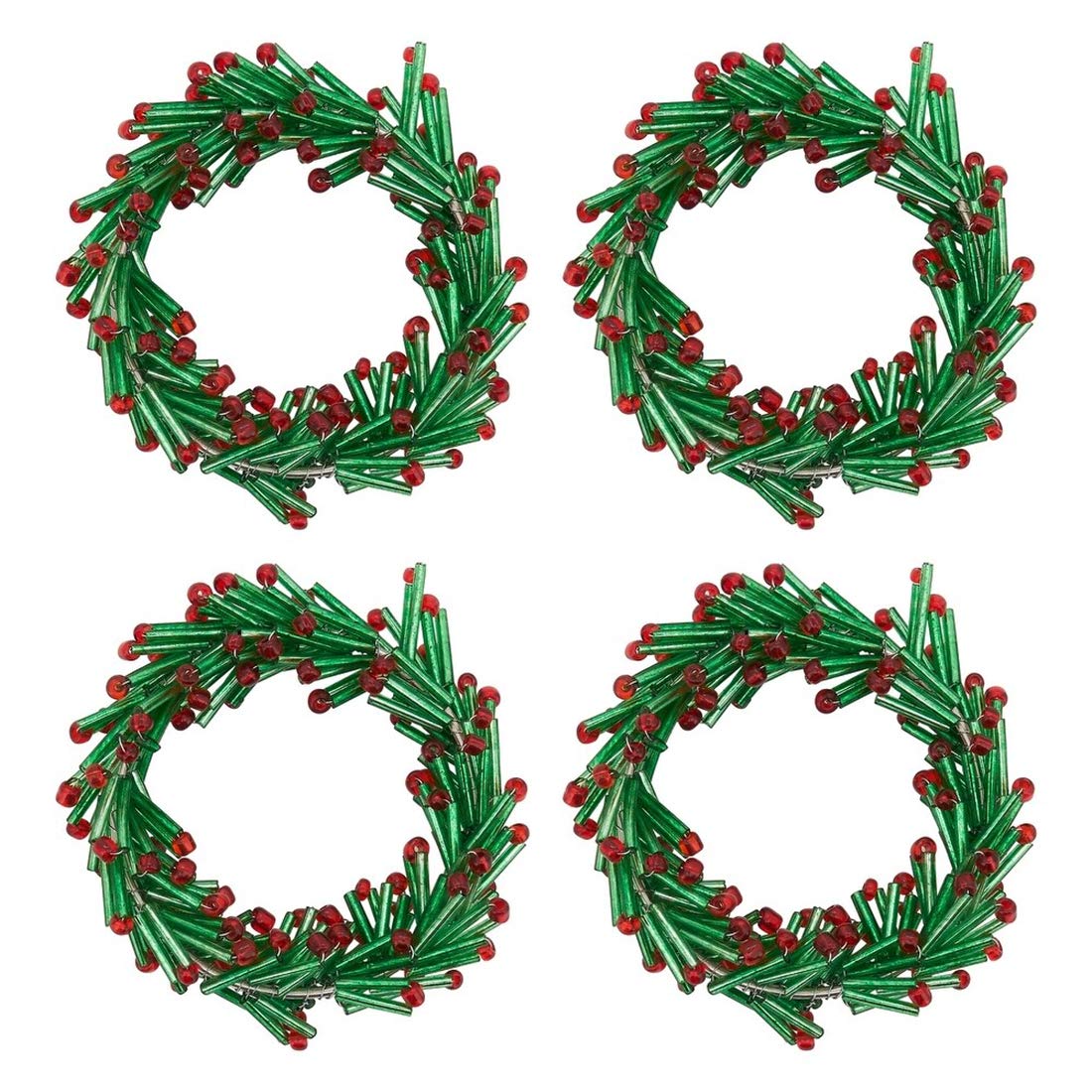 Fennco Styles Hand Beaded Christmas Wreath Design Decorative Napkin Rings, Set of 4 - Green Glass Beads Napkin Holders for Home, Dining Table, Banquets, Holiday Décor and Special Occasion