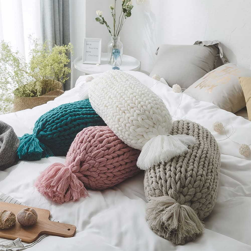 Fennco Styles Candy Shaped Chunky Cable Knitted Decorative Cotton Throw Pillow 12" W x 24" L – Oblong Cushion for Home, Couch, Sofa, Bedroom, Office Décor and Special Occasion