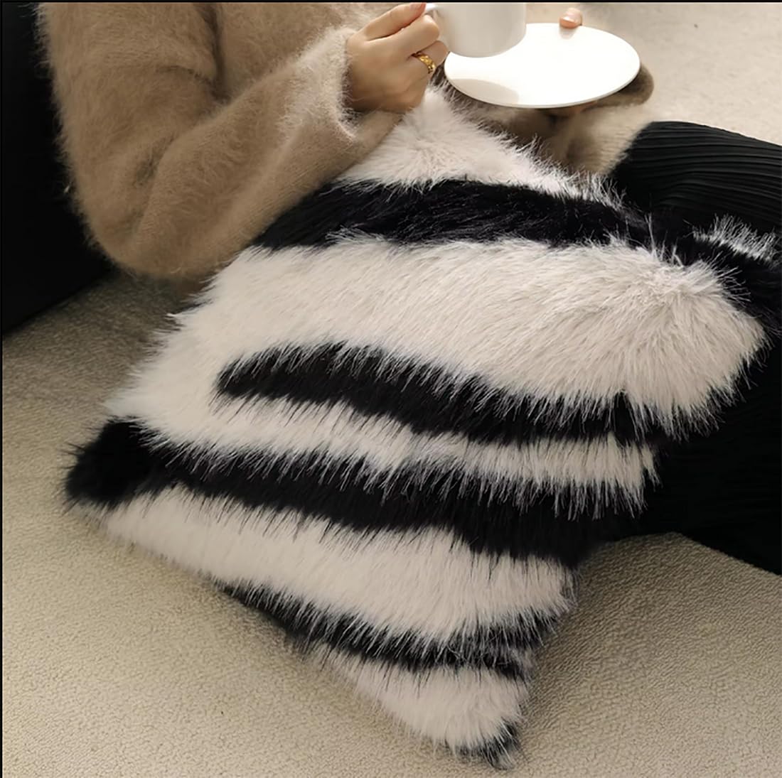 Fennco Styles Zebra Faux Fur Animal Design Decorative Throw Pillow Cover 18" W x 18" L – Black Stripe Plush Cushion Case for Couch, Bedroom, Living Room and Office Décor