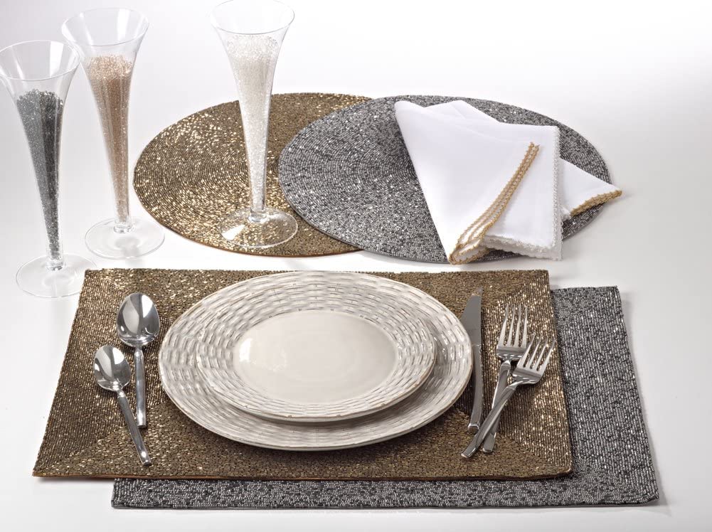 Fennco Style Hand Beaded Maharani Stunning Hand Beaded Placemat 14" Round, 1-Piece - Silver Glass Beads Table Mat for Banquets, Christmas, Special Events and Home Décor