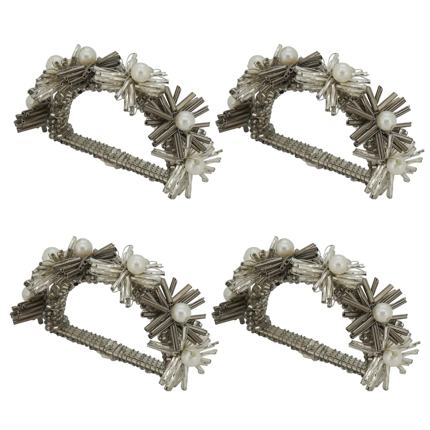 Fennco Styles Hand Beaded Flower Metal Napkin Rings, Set of 4 - Glass Beads Napkin Holders for Christmas, Home, Dining Room, Banquet, Family Gathering, Holiday and Special Occasion