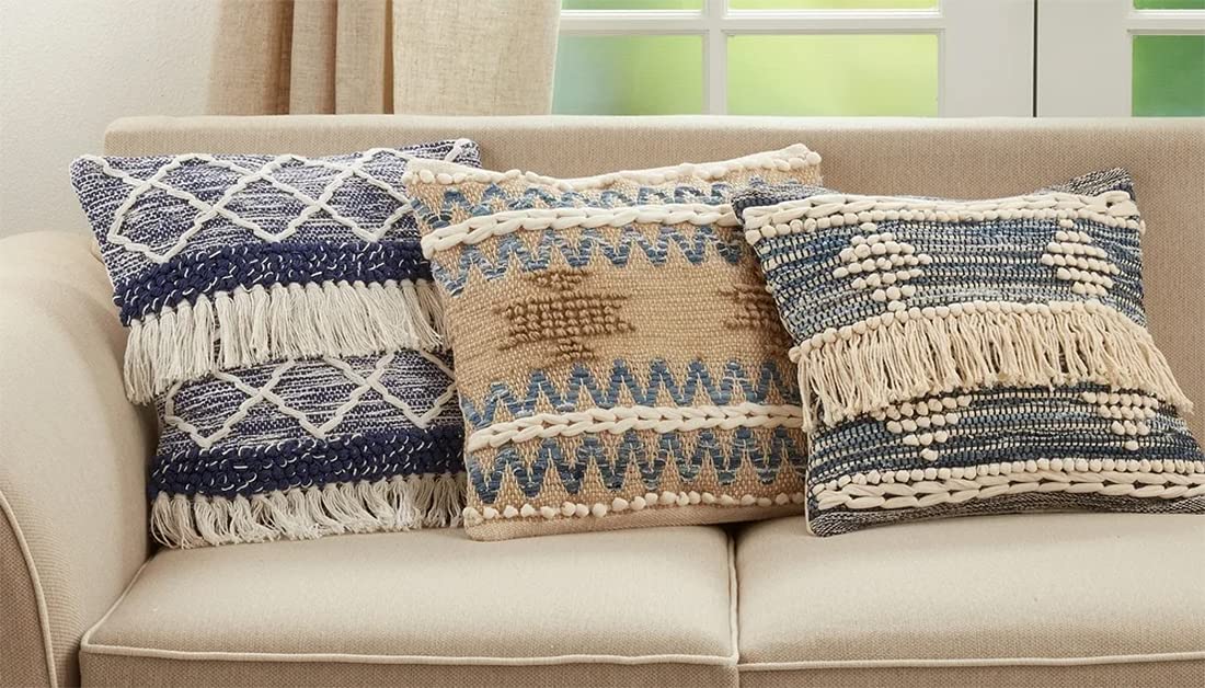 Fennco Styles Multi Texture Chindi Cotton Jute Decorative Throw Pillow 18" W x 18" L - Natural Square Cushion for Home, Couch, Living Room, Bedroom, Office and Holiday Décor