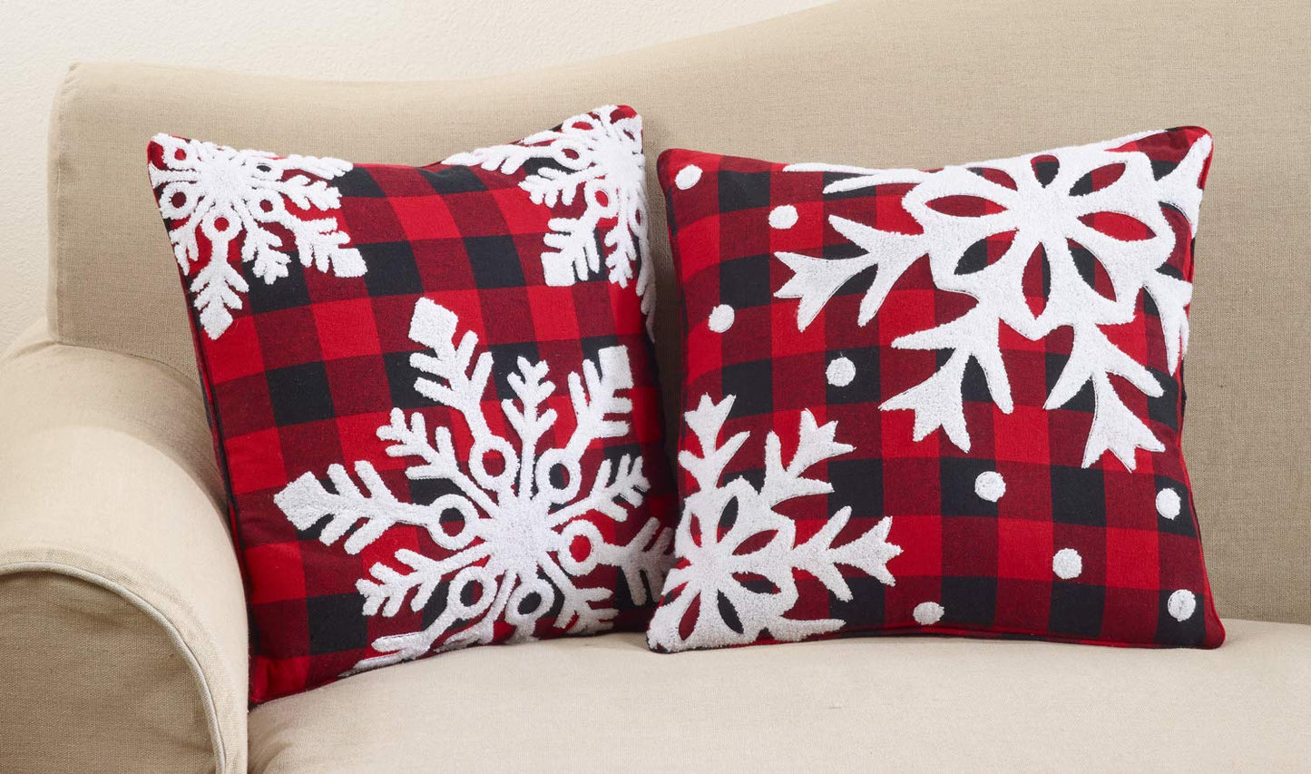 Fennco Styles Buffalo Plaid Snowflake Decorative Throw Pillow with Down Filled Insert 18 x 18 Inch - Red Check Cotton Pillow for Home, Couch, Living Room, Christmas and Holiday Season