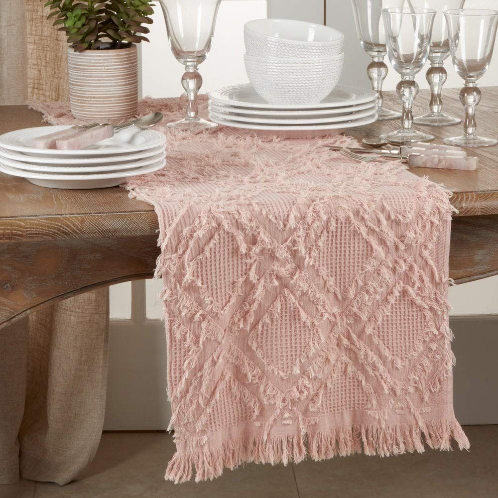 Fennco Styles Waffle Weave Modern Cotton Rectangular Table Runner with Fringe – 16”W x 72”L Table Cover for Home Décor, Dining Table, Banquets, Holidays and Special Occasions