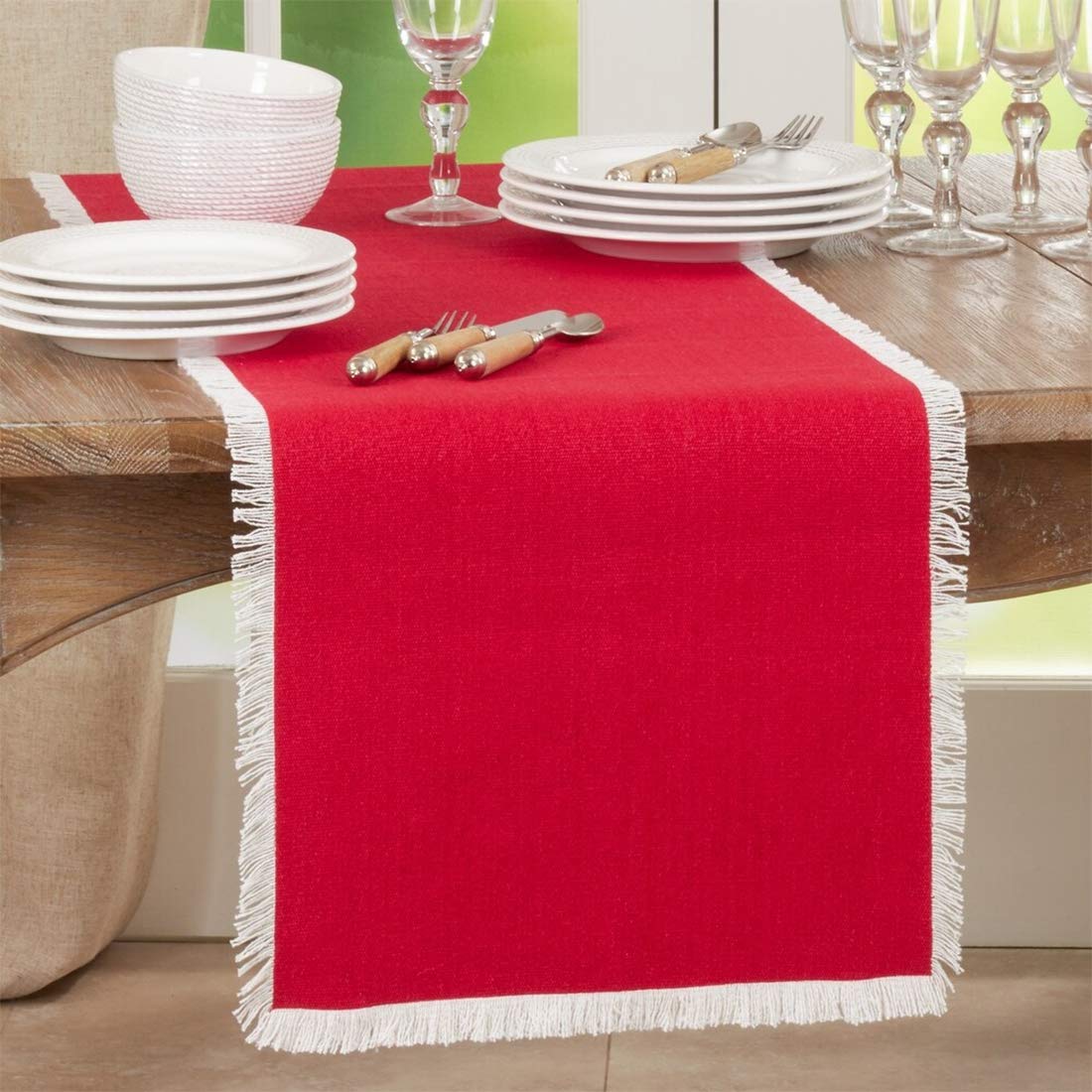 Fennco Styles Fringe Border Design Cotton Table Runner 16" W x 72" L - Table Cover for Christmas, Holiday, Dining Table, Everyday Use, Banquets and Special Occasion