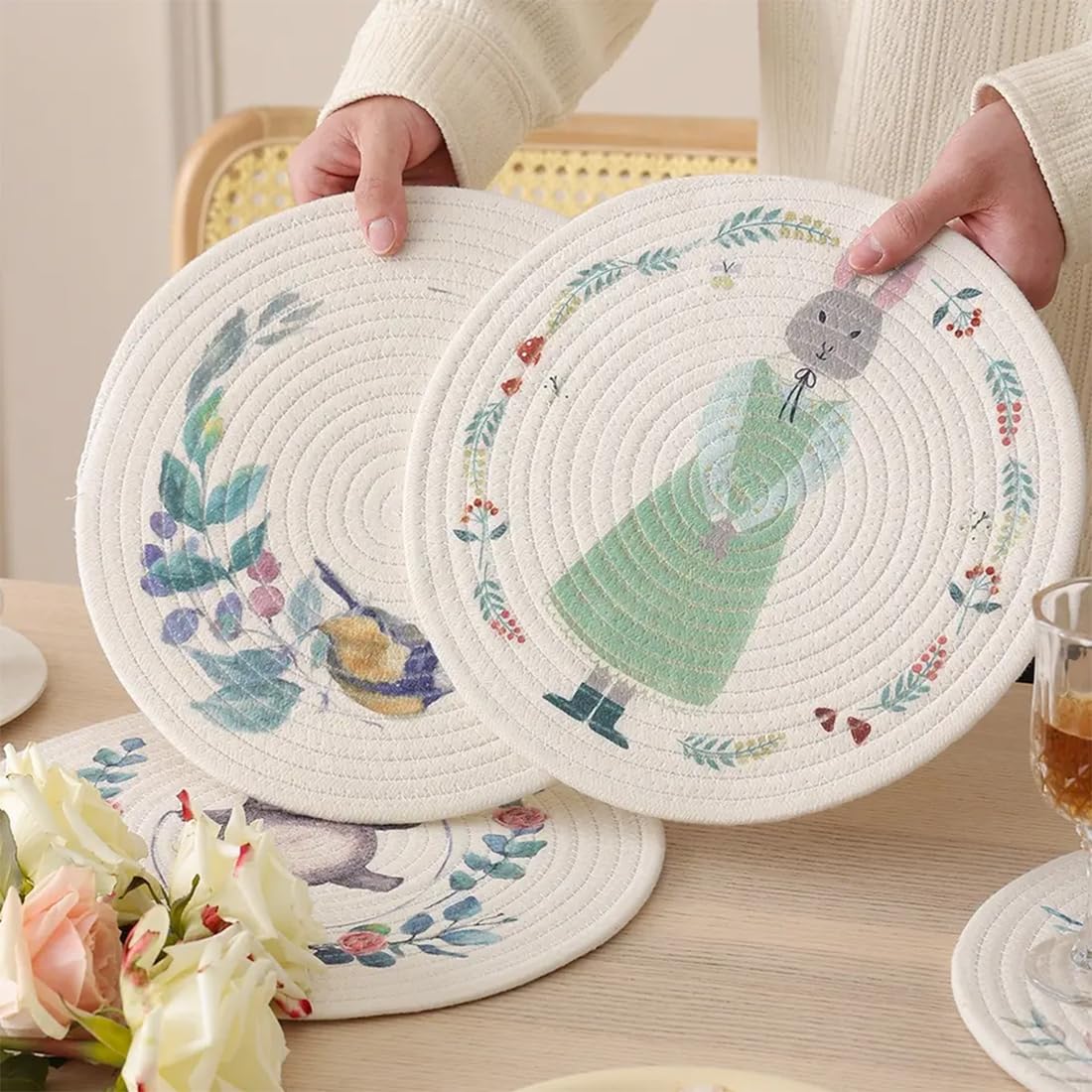 Fennco Styles Rabbit & Botanical Print Cotton Blend Woven Placemats 12" Round, Set of 4 - Cartoon Animal Design White Table Mats for Home Décor, Dining Table, Banquet, Holiday and Family Gathering