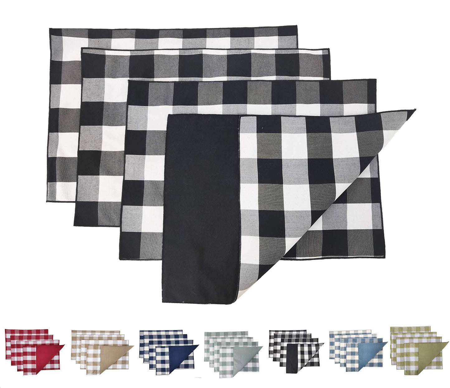 Fennco Styles Buffalo Check Double Layers Reversible Placemats 14" W x 20" L, Set of 4 - Handmade in USA - Plaid Table Mats for Everyday Use, Banquet, Holiday, Family Gathering, Special Occasion