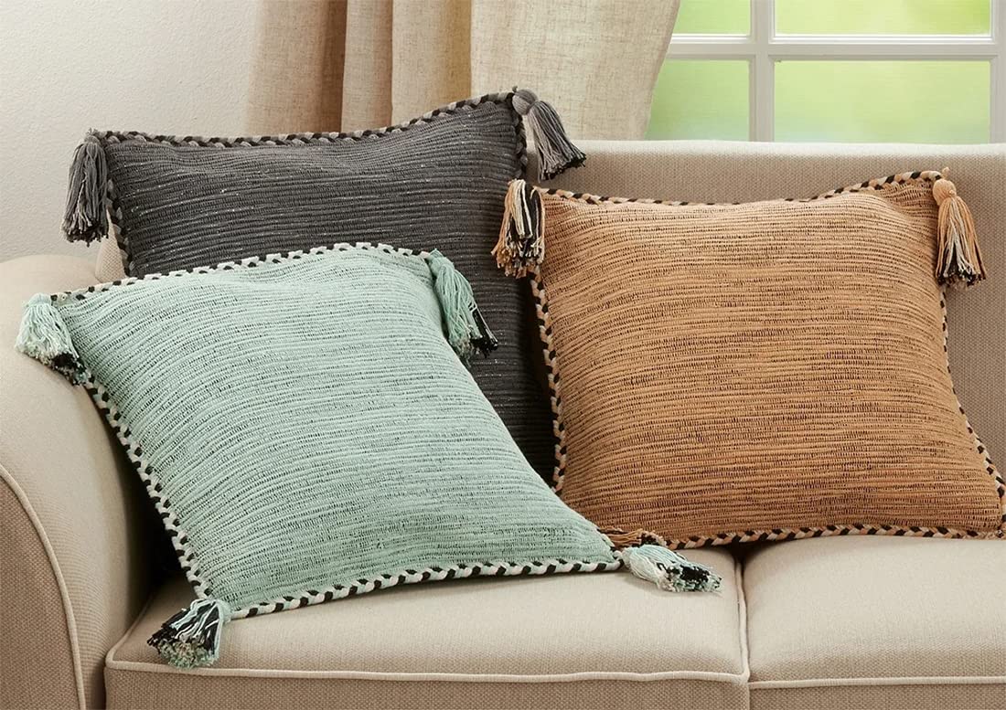 Fennco Styles Braided Broder Tassel Cotton Decorative Throw Pillow 18" W x 18" L - Woven Square Cushion for Home, Couch, Living Room, Bedroom, Office and Holiday Décor