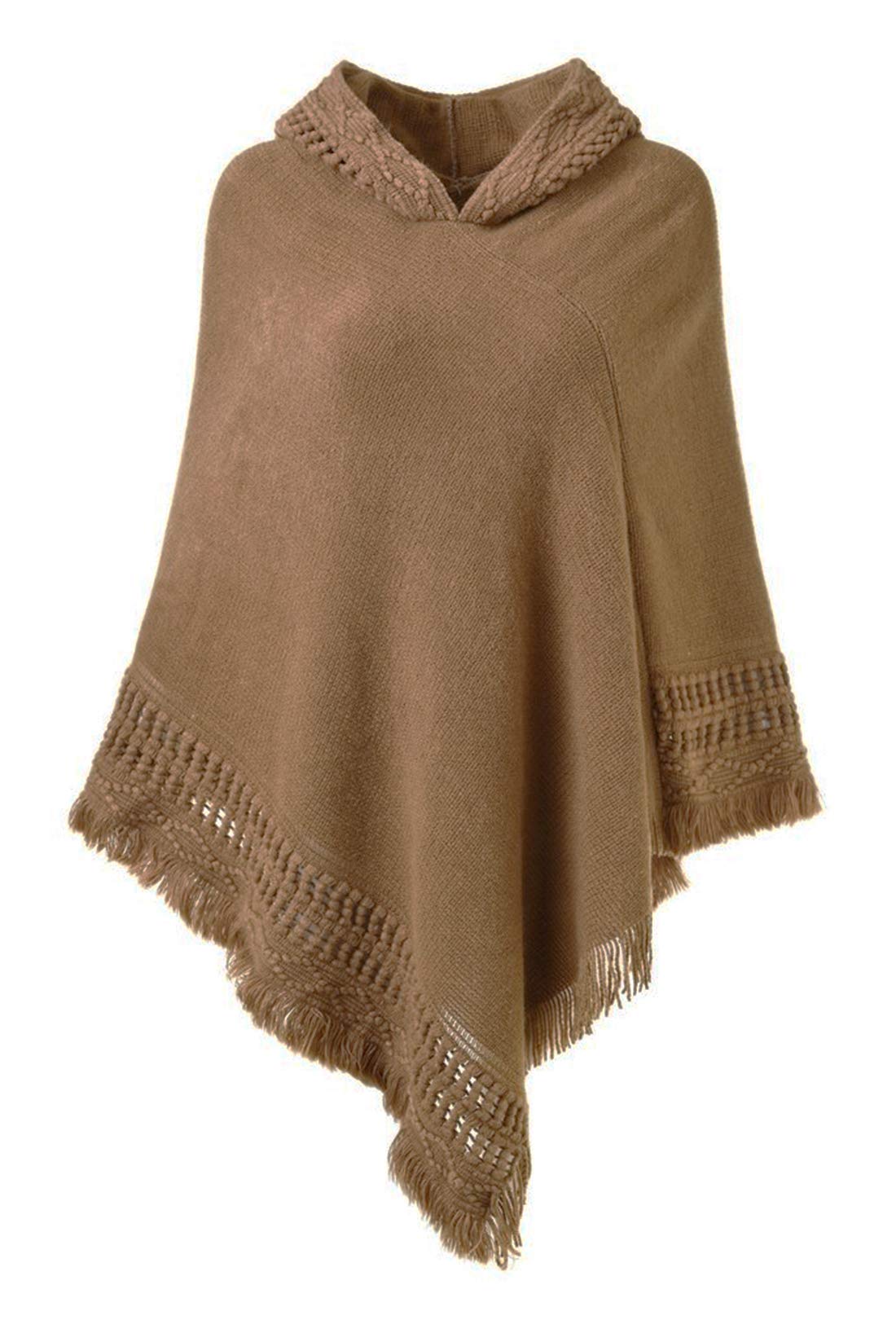 stylesilove Women Solid Knitted Hooded Poncho Crochet Pattern with Fringe Pullover Cardigan Soft Wrap for Fall Winter Seasons