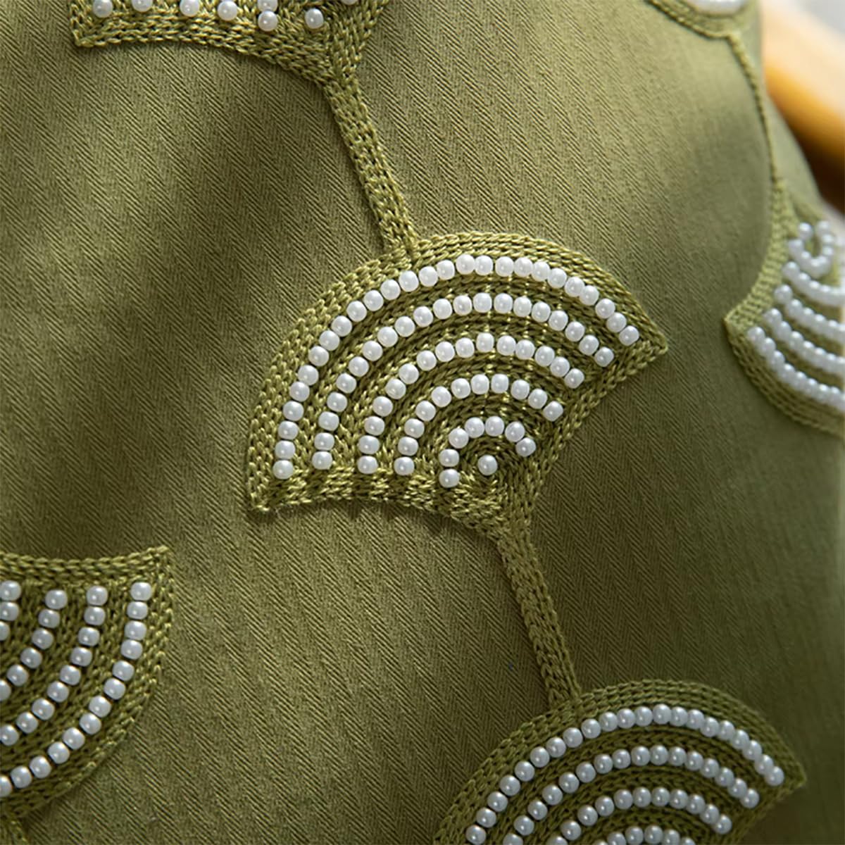 Fennco Styles Hand Beaded Embroidery Ginkgo Leaf Throw Pillow Cover with Tassel 18" W x 18" L - Green Leaves Cotton Cushion Case for Home, Couch, Living Room, Bedroom and Office Décor