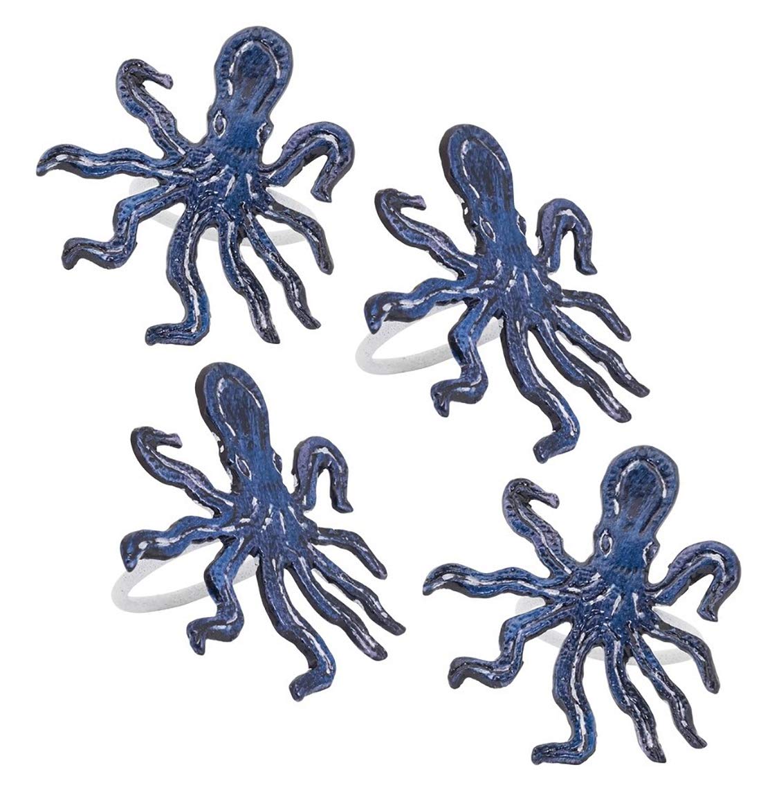 Fennco Styles Coastal Octopus Brass Napkin Rings, Set of 4 - Navy Blue Metal Napkin Holders for Beach House, Nautical Party Decorations, Home, Banquet and Special Event
