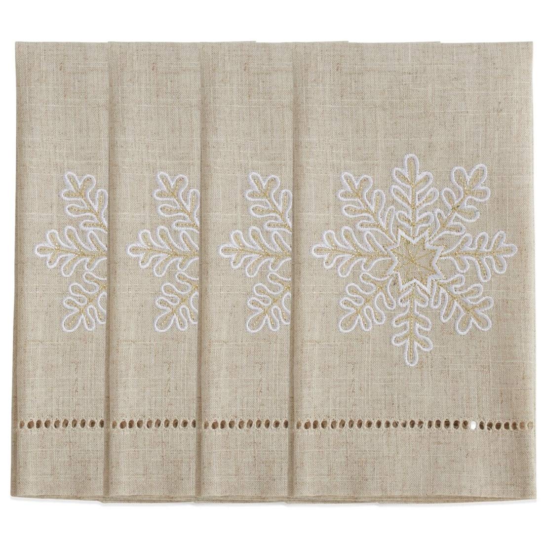 Fennco Styles Embroidered and Hemstitched Design Snowflake Linen-Poly Guest Towels 14 x 22 Inch, Set of 4 – Natural Modern Hand Towels for Bathroom Decor, Bar Accessories, Wedding Gift