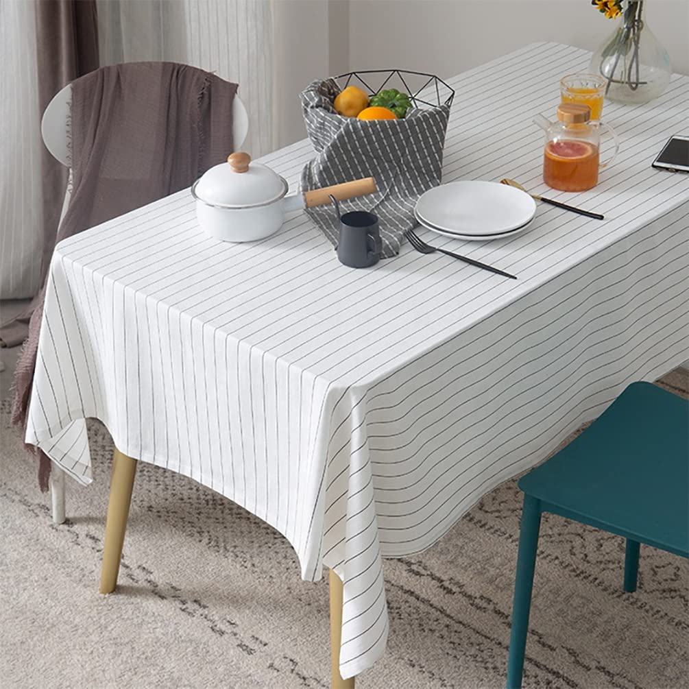Fennco Styles Casual Pinstripe Cotton Tablecloth 55" W x 55" L - White Striped Rectangle Table Cover for Everyday Use, Home, Dining Room Décor, Banquets, Family Gathering and Special Occasions