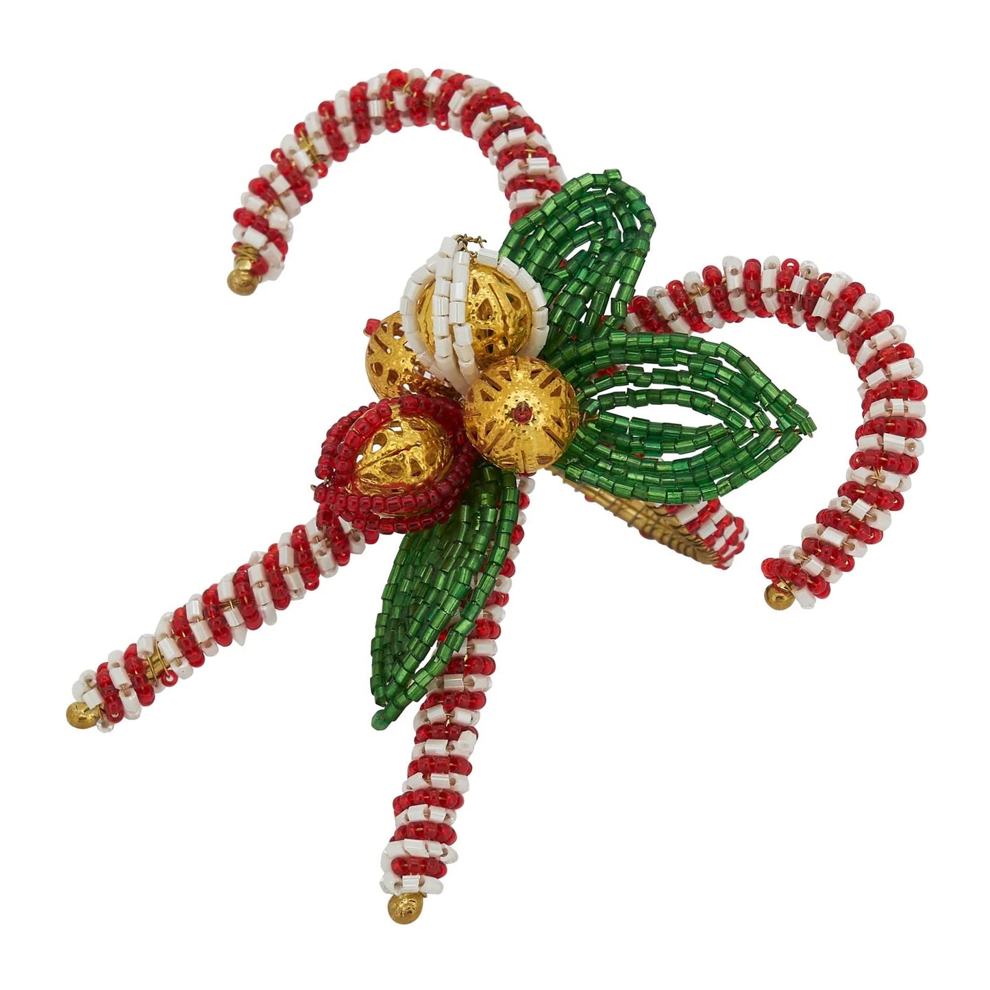 Fennco Styles Hand Beaded Candy Cane Christmas Napkin Rings, Set of 4 - Red & Green Glass Beads Napkin Holders for Home, Dining Room, Banquet, Family Gathering, Holiday Décor and Special Occasion