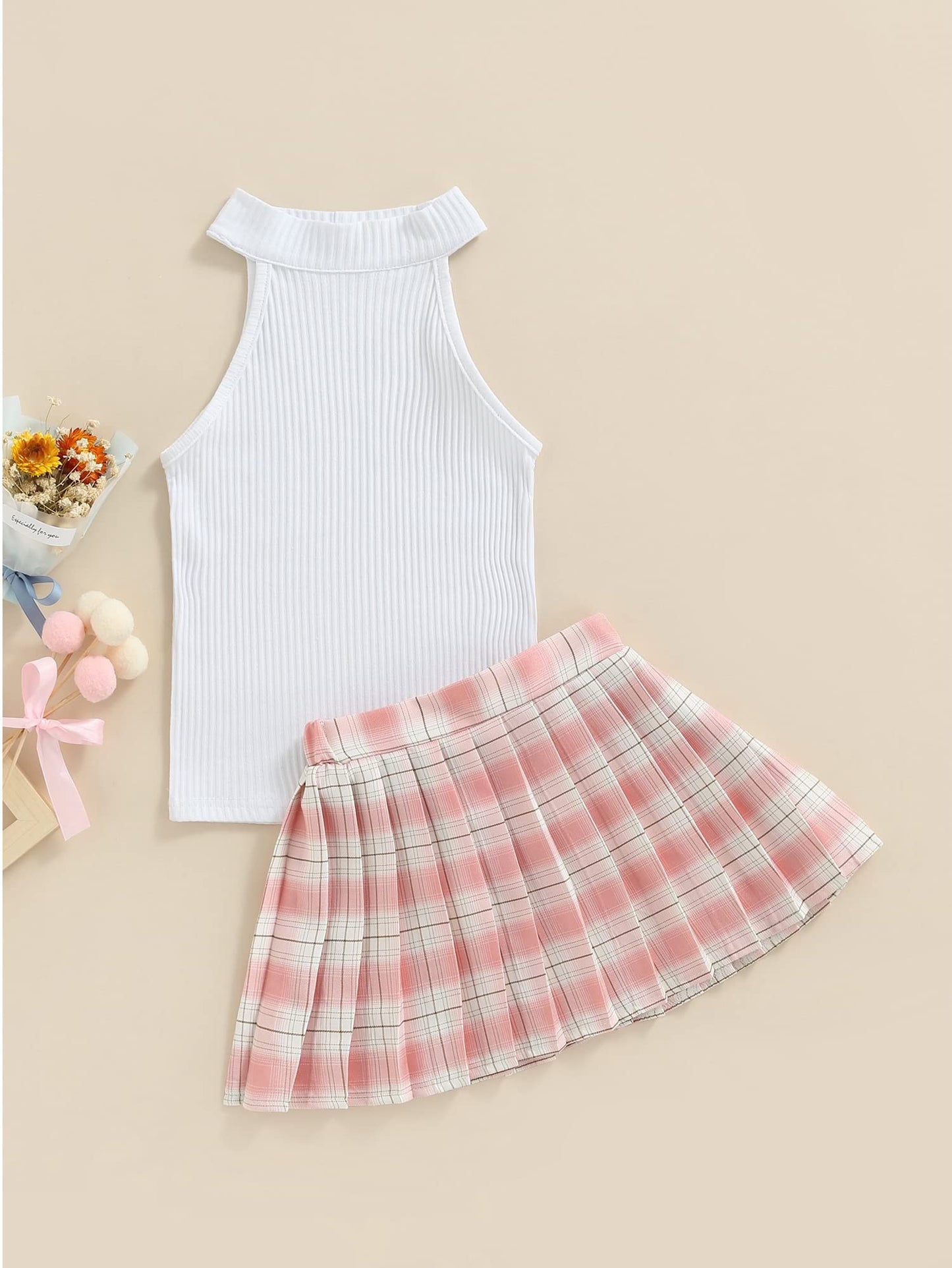 stylesilove Toddler Little Girls Solid Ribbed Tank Top & Plaid Mini Pleated Skirt 2pcs Summer Casual Dress Outfit