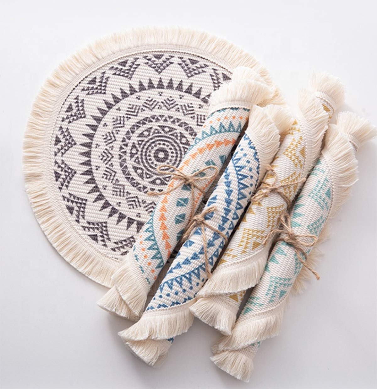 Fennco Styles Boho Mandala Fringe Decorative Cotton Placemats 13-inch Round, Set of 4 - Grey Heat Resistant Insulation Table Mats for Home Decor, Dining Table, Banquets and Special Events