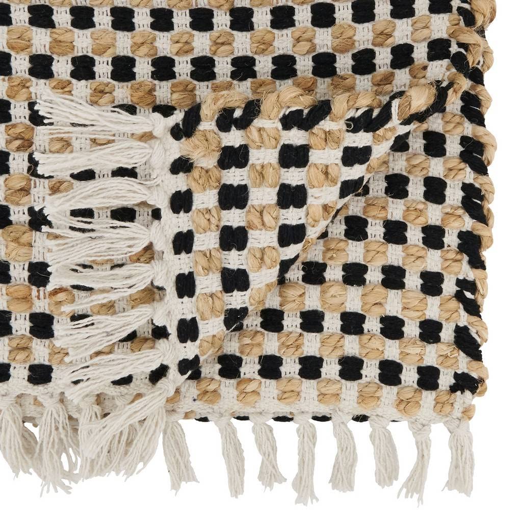 Fennco Styles Checker Weave Table Runner with Fringe 14" W x 72" L - Black Cotton Jute Table Cover for Home, Dining Room, Banquets, Family Gathering and Special Occasion