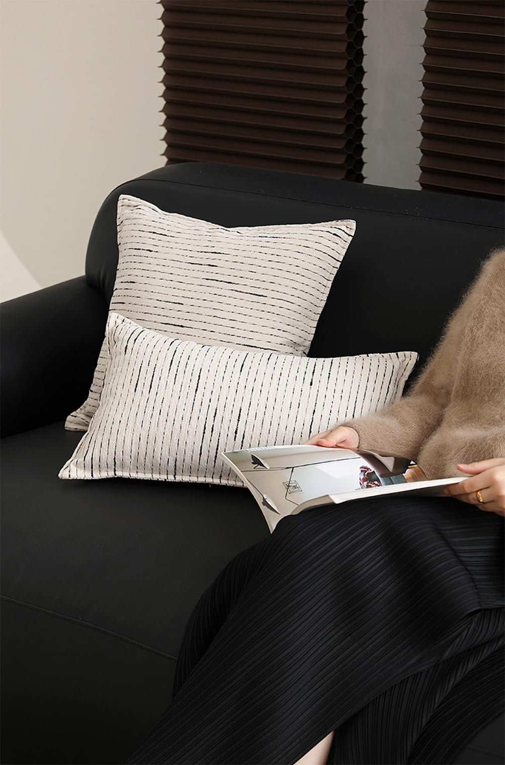 Fennco Styles Black Stripe Chenille Decorative Filled Throw Pillow - White Woven Soft Cushion for Home, Couch, Bedroom, Living Room and Office Décor