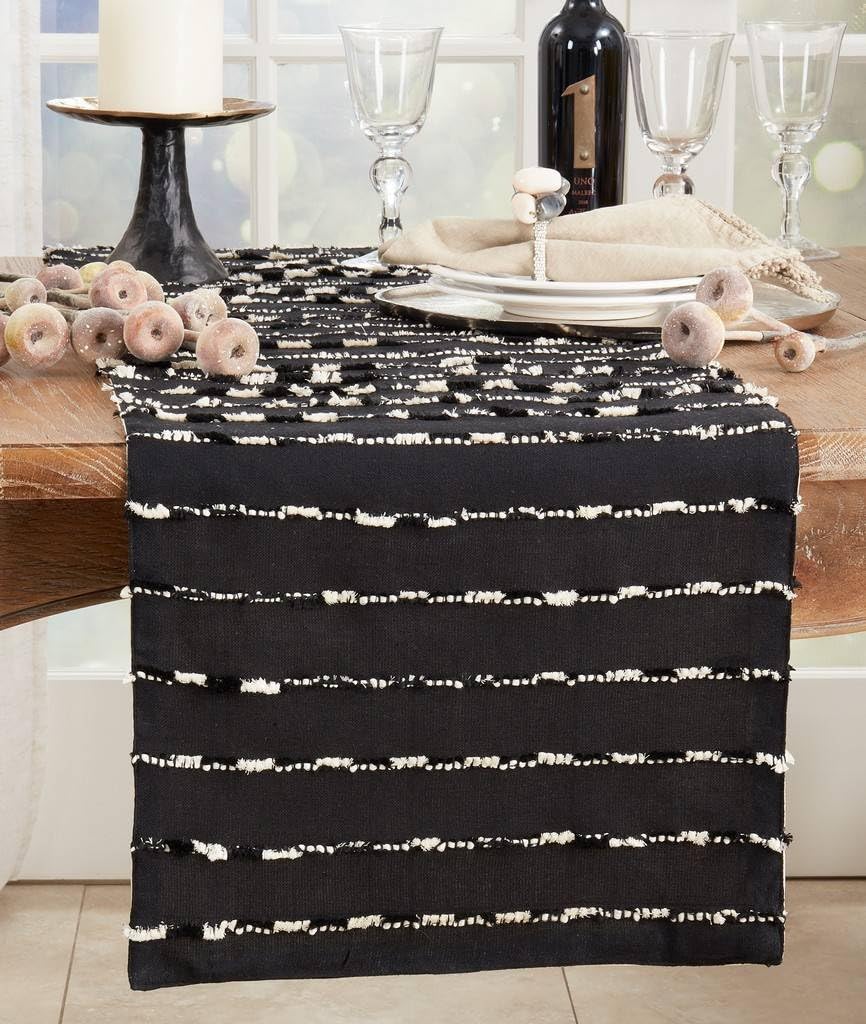Fennco Styles Modern Stripe Design Table Runner 16" W x 72" L - Black Cotton Blend Table Cover for Home, Dining Room, Banquets, Family Gatherings and Special Occasions