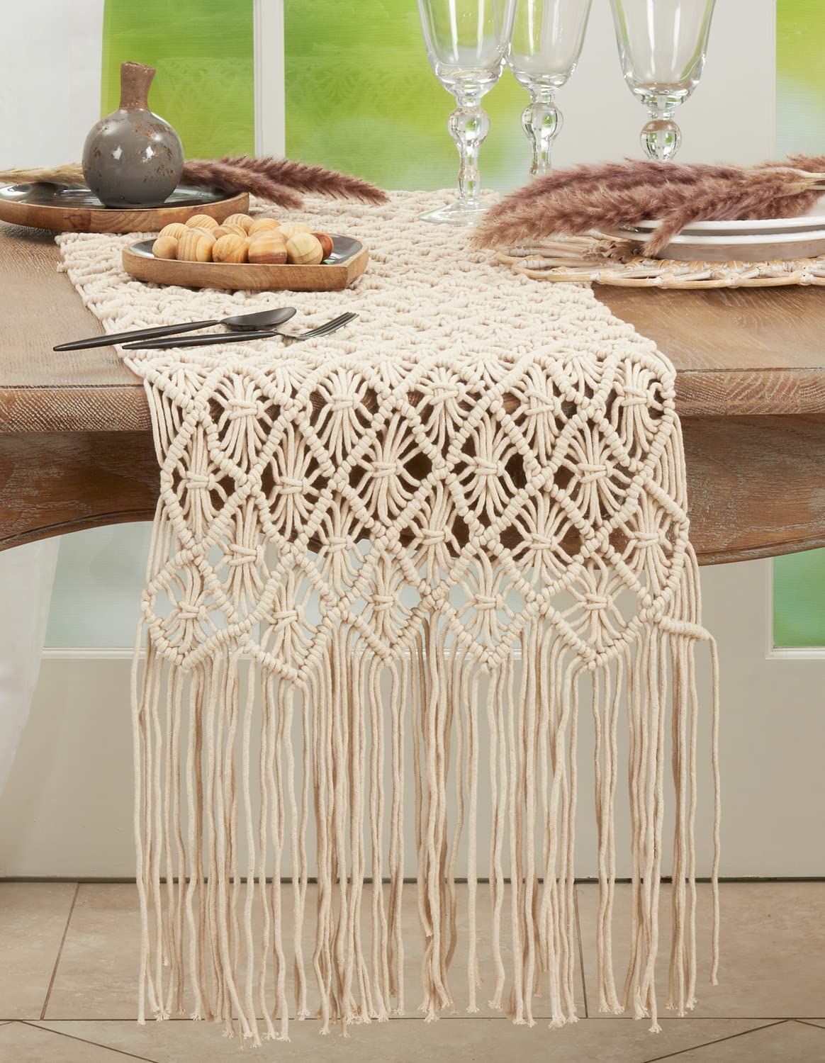 Fennco Styles Bohemian Handmade Macramé Decorative Cotton Table Runner 16" W x 72" L - Natural Woven Table Cover for Banquets, Dinner Parties, Special Events and Home Décor