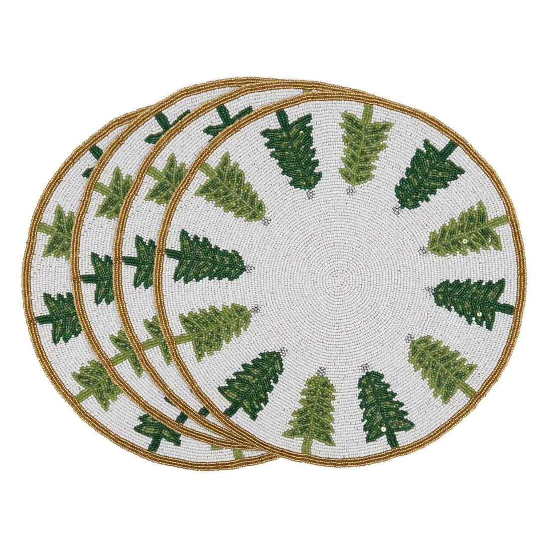 Fennco Style Hand Beaded Christmas Trees Holiday Placemat 15" Round, 1-Piece - Green & White Table Mat for Banquets, Christmas, Special Events and Home Décor