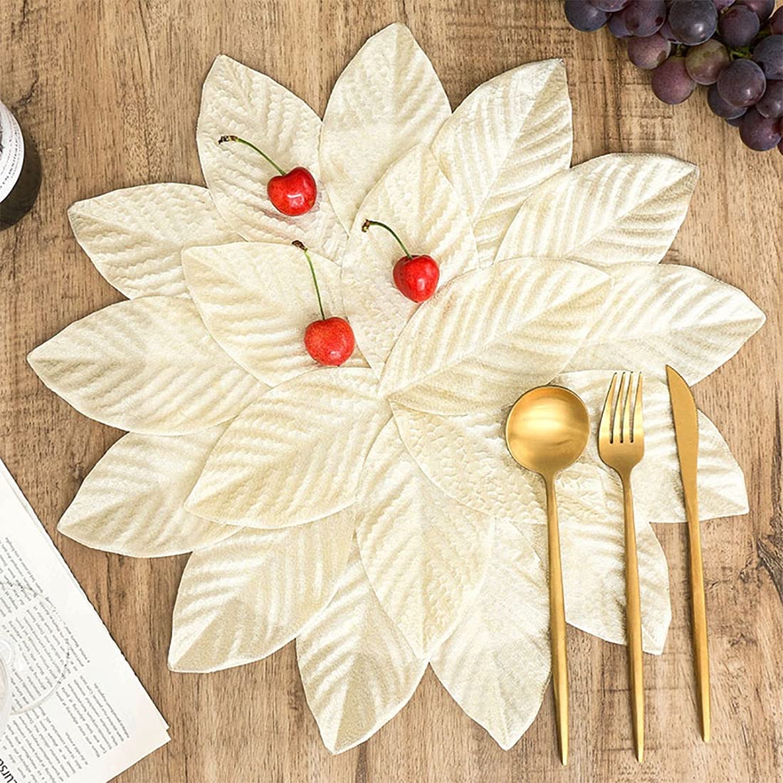 Fennco Styles Handmade Leaf Shaped Shimmer Placemats 14 Inches Round, Set of 4 – Champagne Flower Table Mats for Home, Dining Room Décor, Banquets, Indoor & Outdoor and Special Events