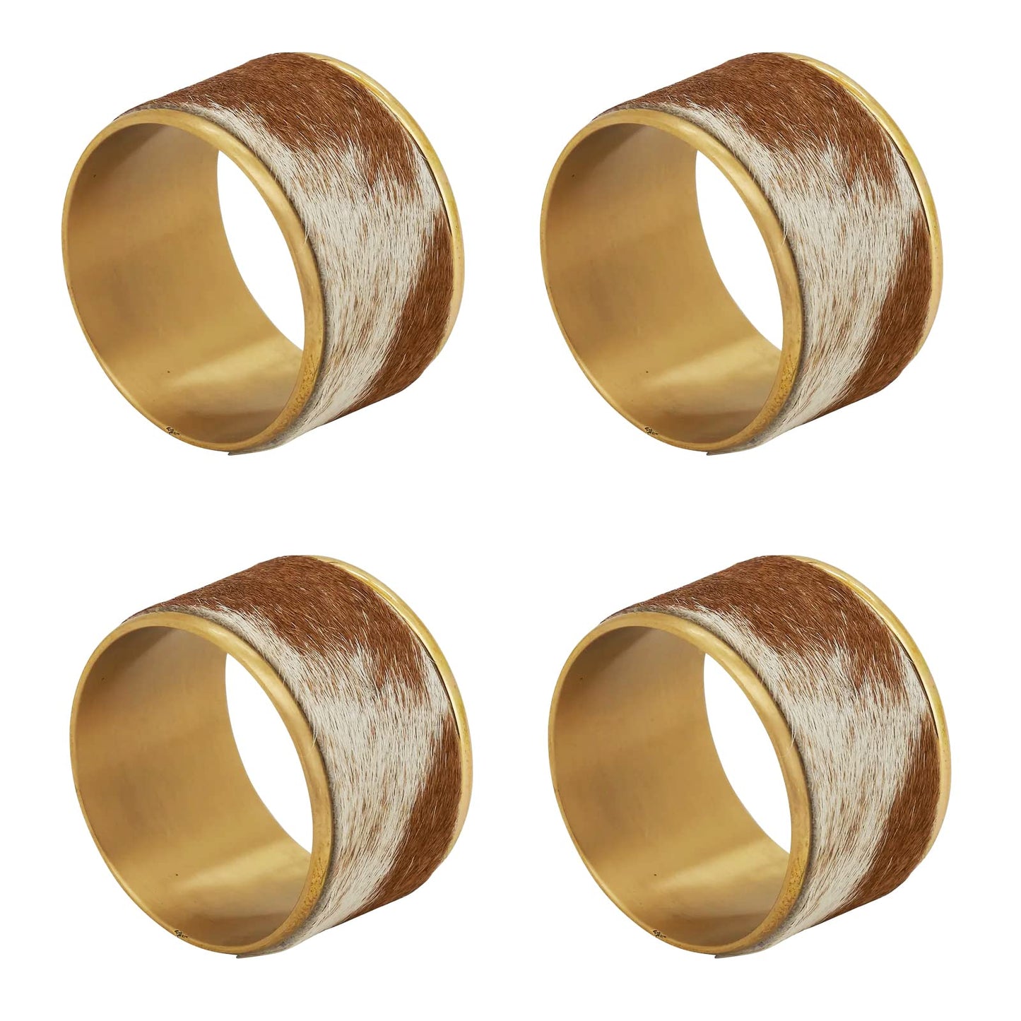 Fennco Styles Elegant Cowhide Brass Napkin Rings, Set of 4 - Brown Metal Napkin Holder for Everyday Use, Dining Table Décor, Banquets, Holidays and Special Occasion