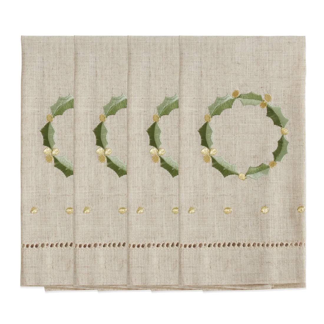 Fennco Styles Embroidered and Hemstitched Design Wreath Linen-Poly Guest Towels 14 x 22 Inch, Set of 4 – Natural Modern Hand Towels for Bathroom Decor, Bar Accessories, Wedding Gift
