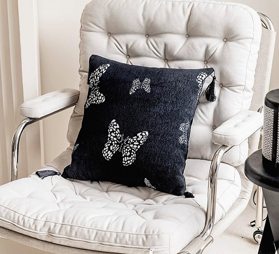 Fennco Styles Jacquard Butterfly Tassel Decorative Filled Throw Pillow 18" W X 18" L – Black Woven Square Cushion for Couch, Sofa, Bedroom, Office and Living Room Décor
