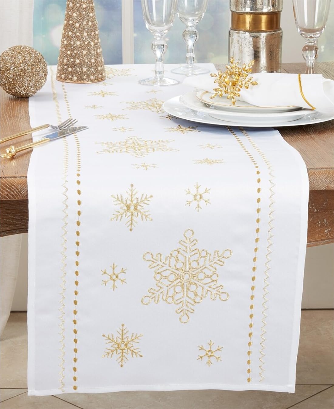 Fennco Styles Metallic Gold Embroidered Snowflake Christmas Table Runner 16" W x 72" L