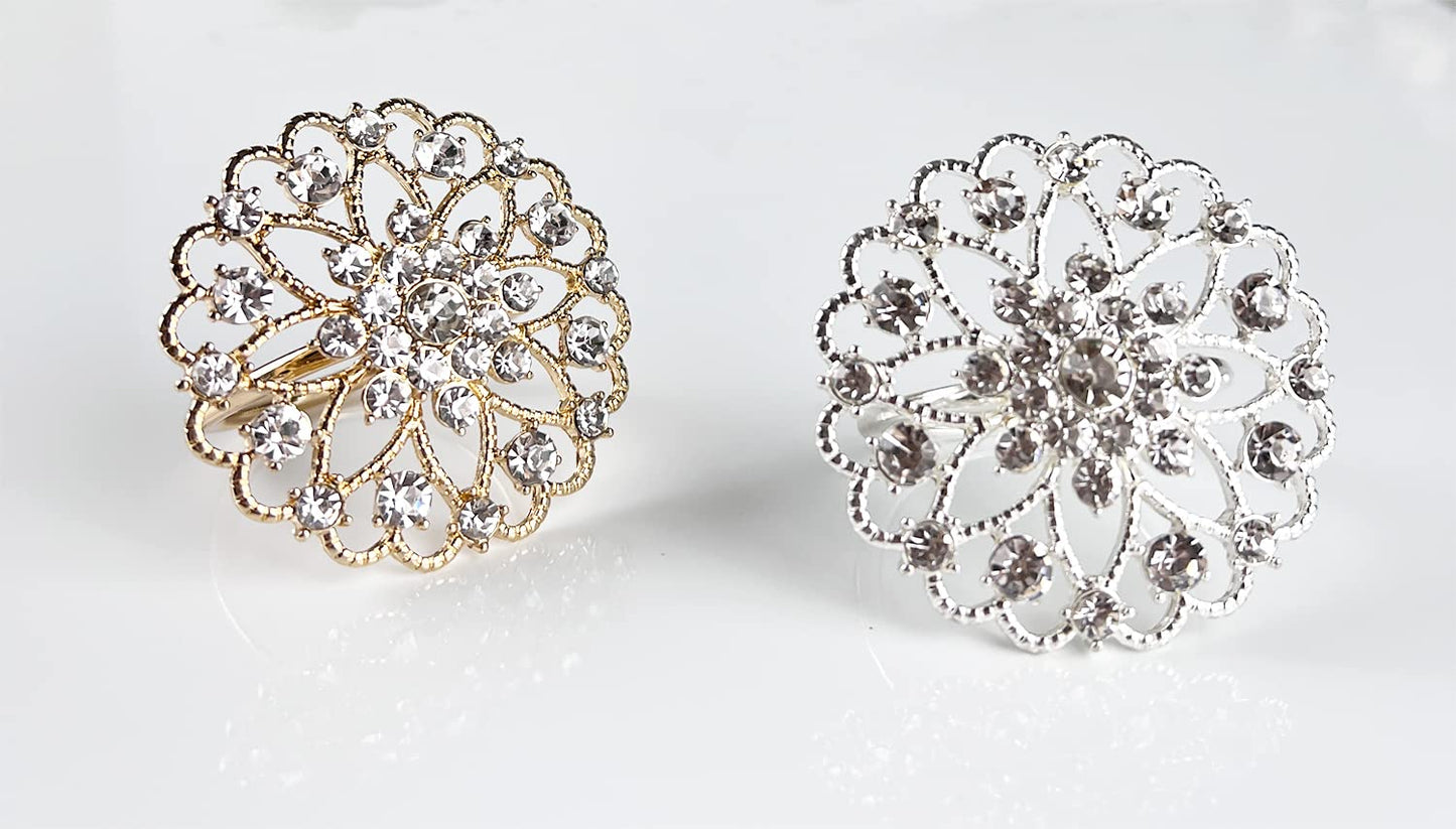 Fennco Styles Rhinestone Crystal Flower Napkin Rings Wedding Holiday Table Decoration - Set of 4