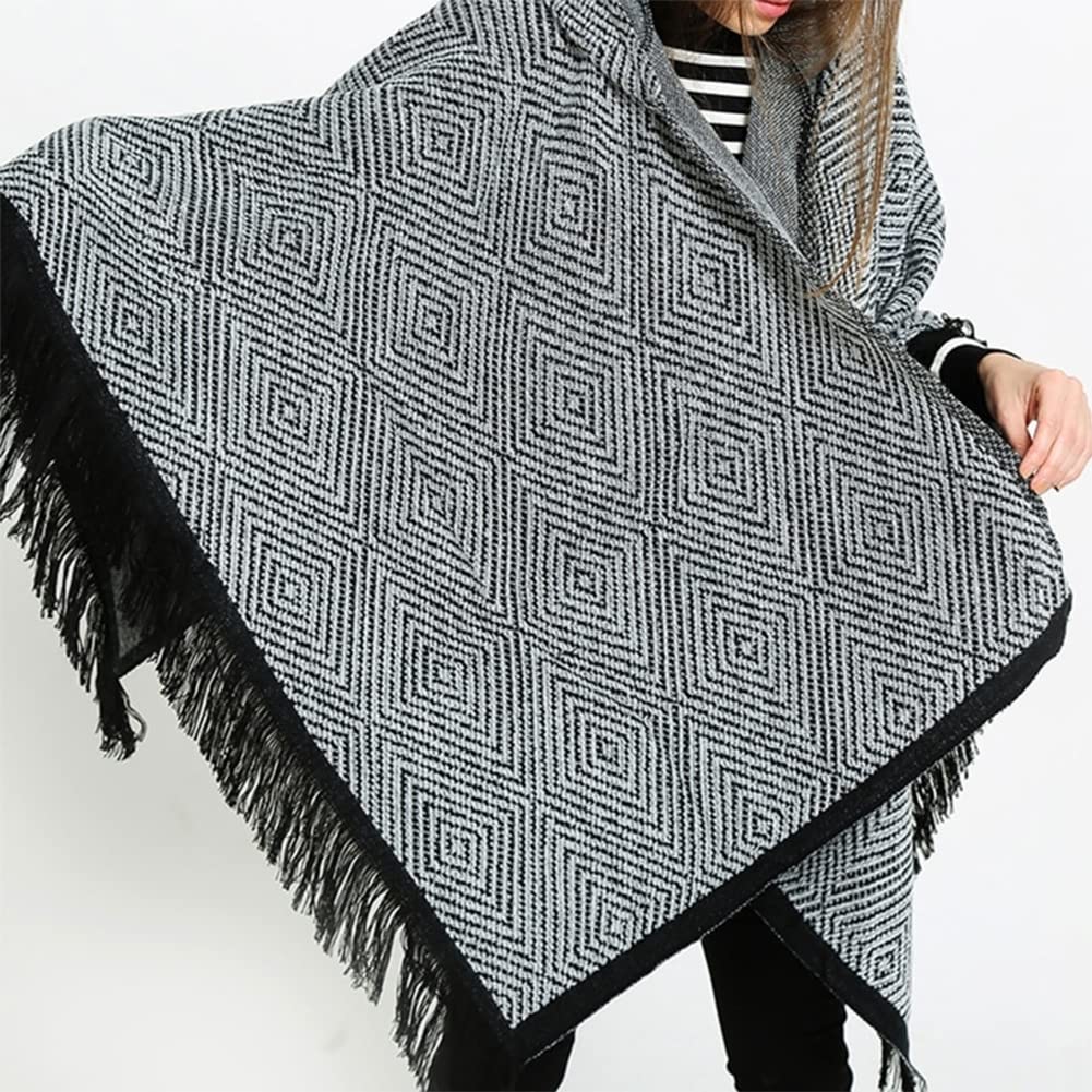 stylesilove Women Diamond Knit Open Front Hooded Poncho Fringe Black Geometric Cape Oversized Cardigan Fall Winter Wrap Shawl