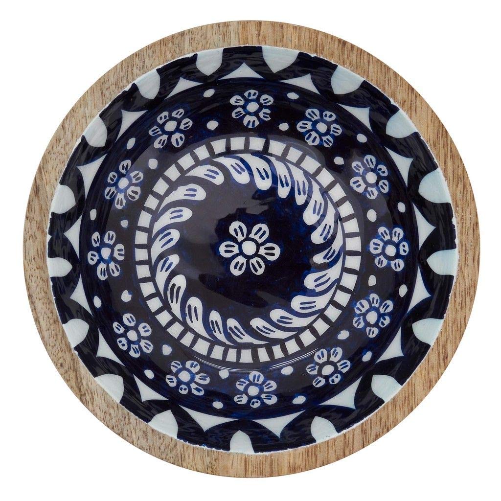 Fennco Styles 7" Round Mango Wood Serving Bowl with Blue Floral Enamel Design for Fruits, Salads, Sides, Home, Kitchen Décor and Holiday Gatherings