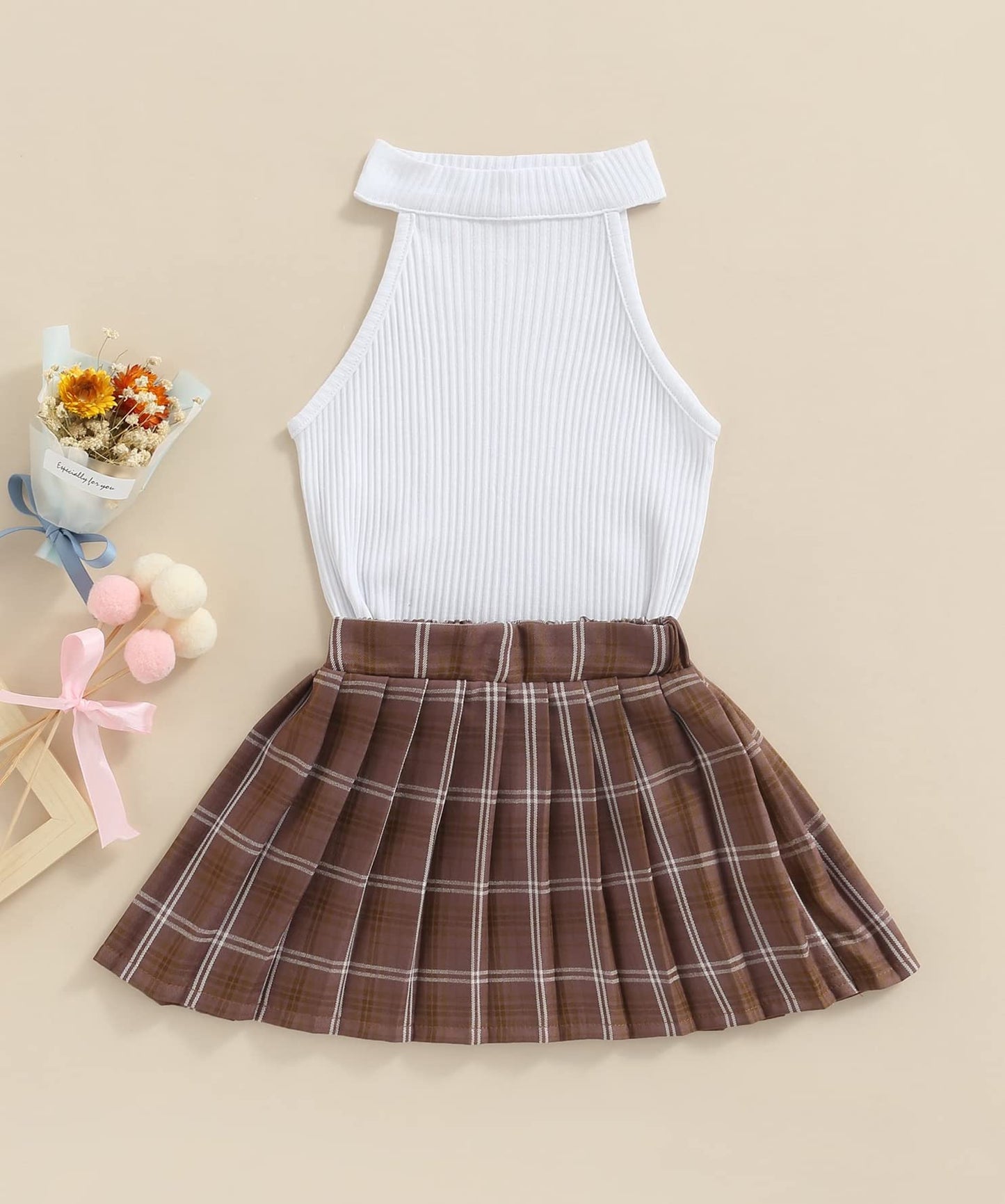 stylesilove Toddler Little Girls Solid Ribbed Tank Top & Plaid Mini Pleated Skirt 2pcs Summer Casual Dress Outfit