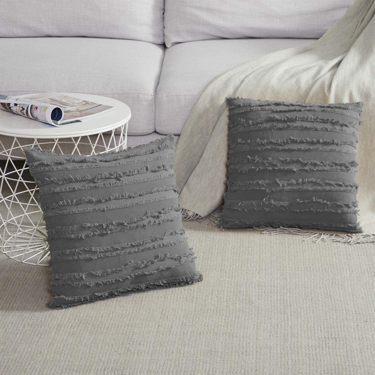 Fennco Styles Modern Fringe Stripe Cotton Decorative Throw Pillow Cover 17" W x 17" L - Cotton Cushion Case for Home, Farmhouse, Couch, Living Room, Bedroom and Office Décor