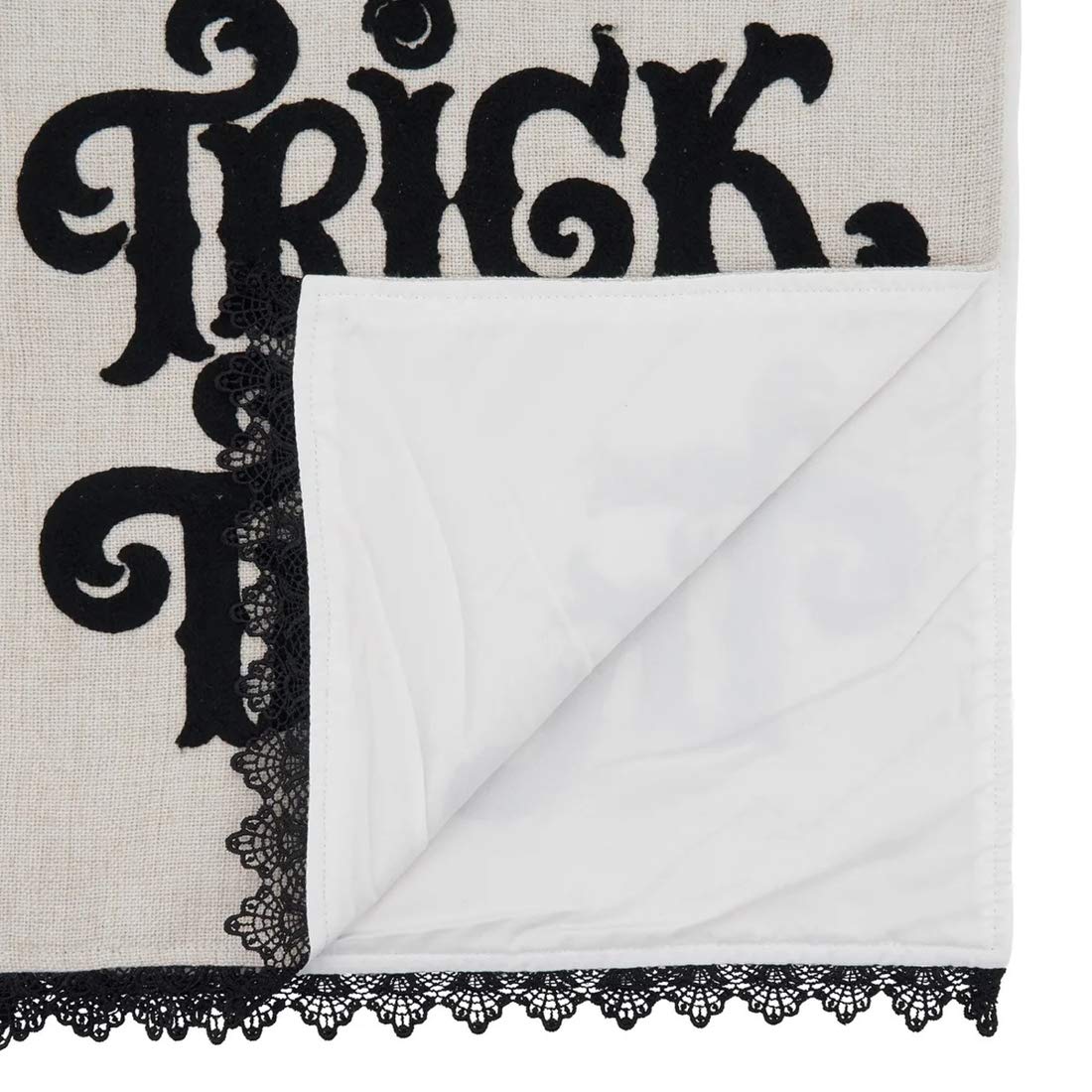 Fennco Styles TRICK OR TREAT Table Runner with Lace Edge Design 14" W x 72" L - Natural Table Cover for Home, Banquets, Halloween Event, Themed Party and Special Events