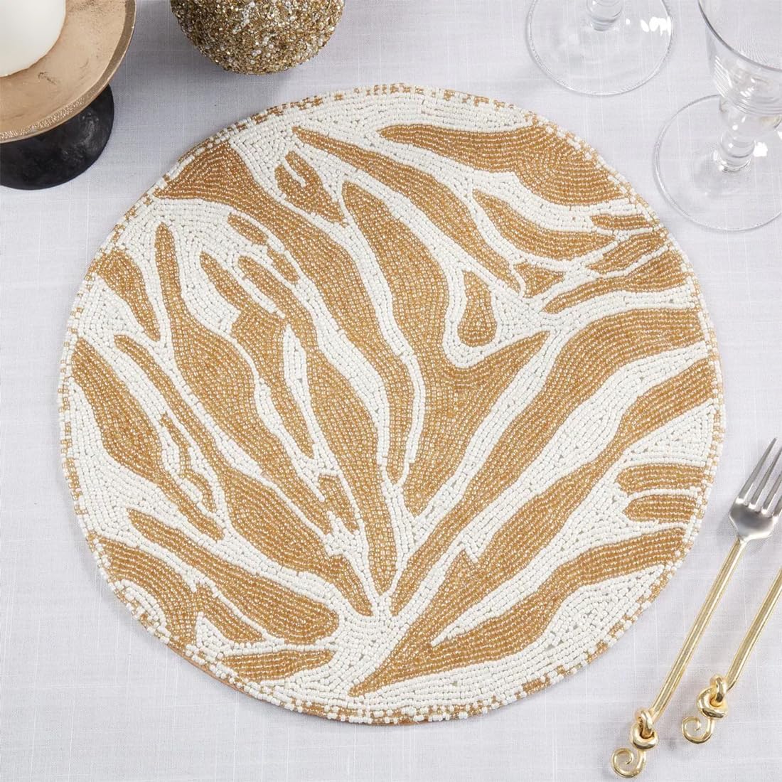 Fennco Style Safari Charm Beaded Zebra Placemat 14" Round, 1-Piece - Black & White Glam Animal Pattern Table Mat for Home Décor, Family Gatherings, Birthdays and Special Events