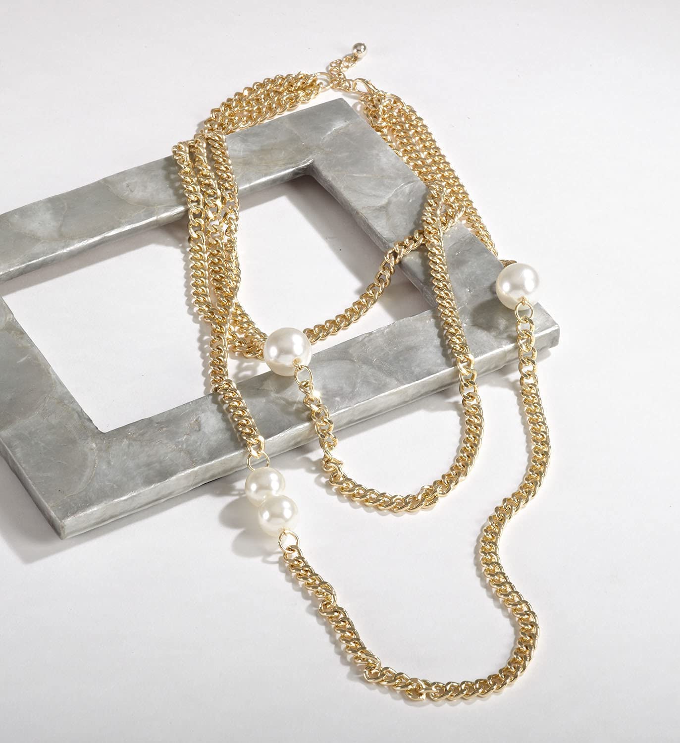 stylesilove Women Ivory Faux Pearl Gold Chain Statement Necklace 3 Row Layered Necklace for Birthday, Holiday, Prom, Special Event Fashion Jewelry