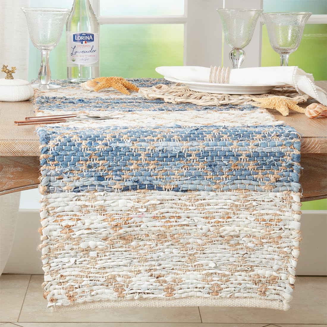 Fennco Styles Diamond Stripe Chindi Table Runner 16" W x 72" L - Navy Blue Woven Rustic Table Cover for Home, Dining Room Décor, Banquets, Family Gatherings
