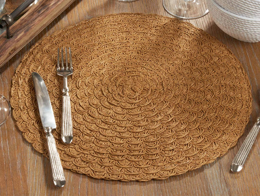 Fennco Styles Natural Design Paper Woven Table Placemats 15 x 15 Round, Set of 4 - Caramel Table Mats for Home Décor, Dining Table, Banquets, Family Gathering and Special Events