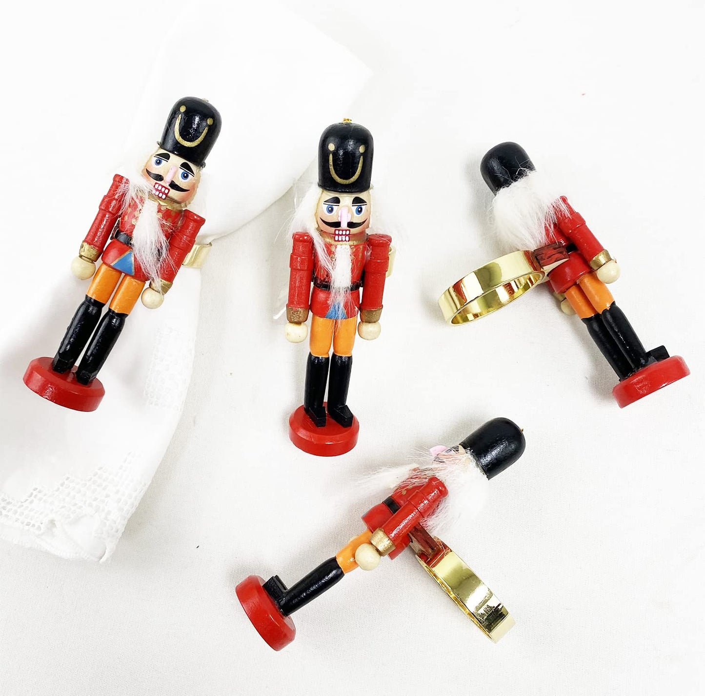 Fennco Styles Handmade Wooden Nutcracker Decorative Napkin Rings, Set of 4 - Festive Soldier Napkin Holders for Dining Table, Christmas, Holidays Décor and Special Occasions