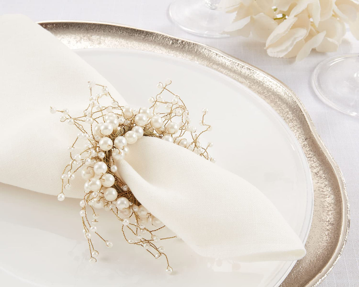 Fennco Styles Hand Beaded Faux Pearl Napkin Rings, Set of 4 - Elegant Pearl Collection Napkin Holders for Home Décor, Dining Room, Wedding, Banquets and Special Occasions