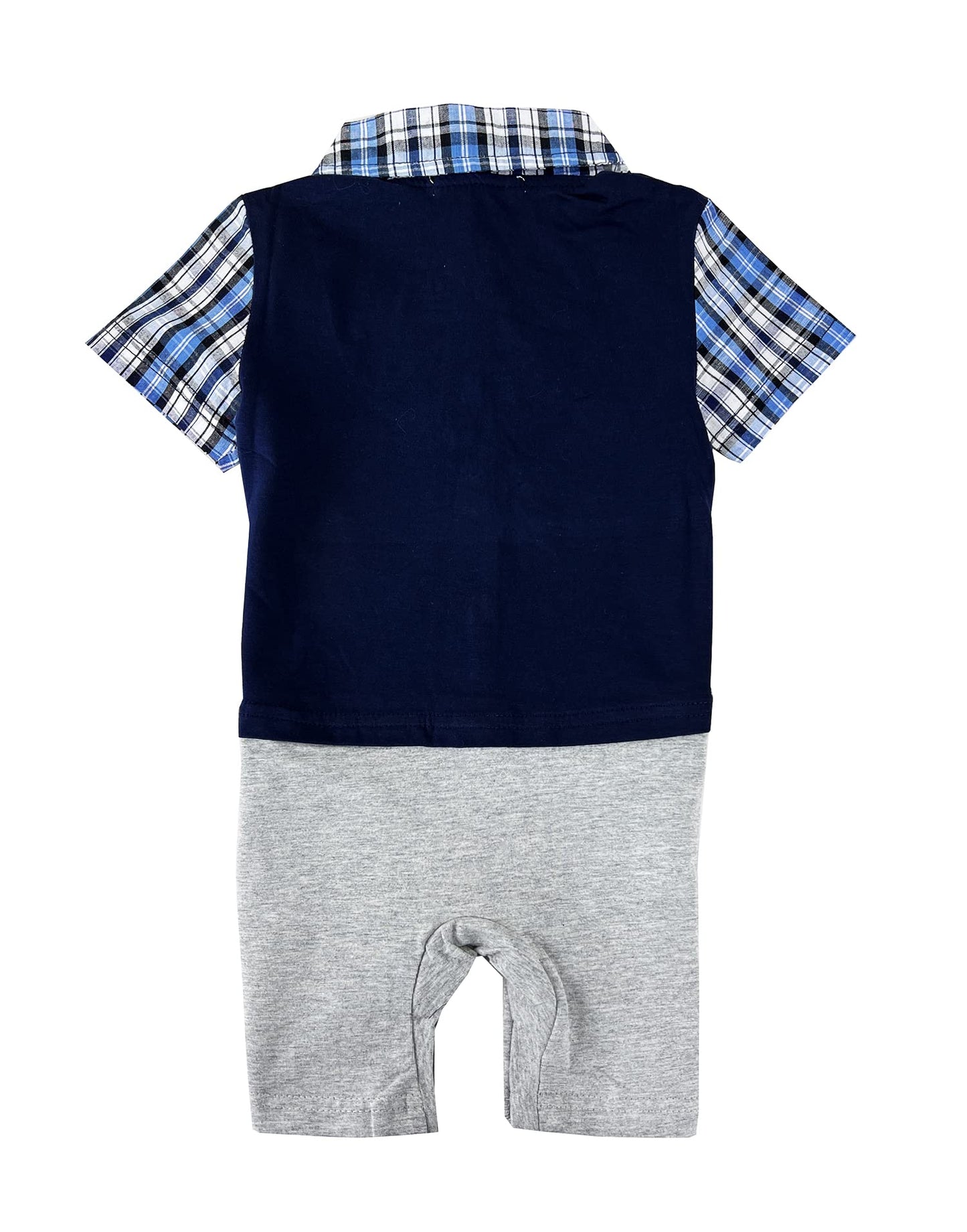 Styles I Love Infant Toddler Baby Boy Plaid Award Badge Tuxedo Baby Cotton Romper (Navy, 95/18-24 Months)