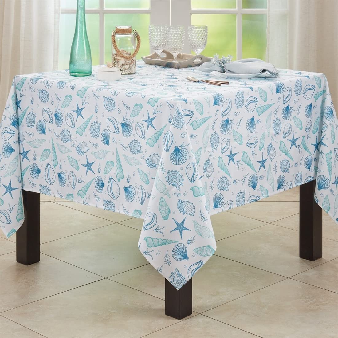Fennco Styles Coastal Seashells Table Runner 16" W x 70" L - Blue Sealife Nautical Table Cover for Dining Room Decor, Everyday Use, Summer Gathering, Banquets, and Special Occasions