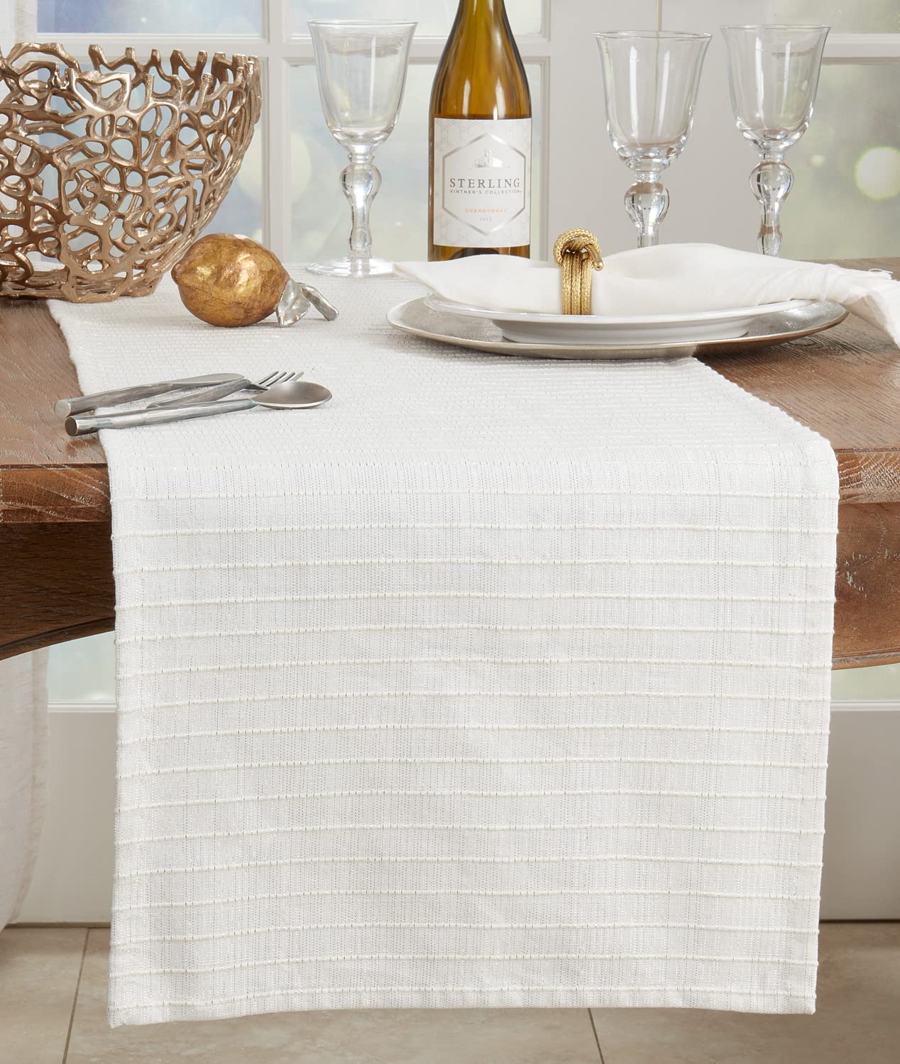 Fennco Styles Shimmer Striped Cotton Table Runner 16" W X 72" L - Ivory Table Cover for Home, Dining Room, Banquets, Family Gatherings, Everyday Use and Special Occasions