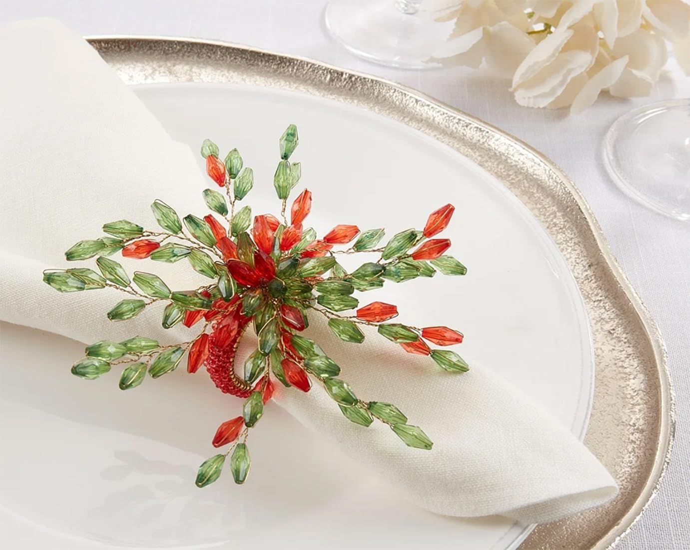 Fennco Styles Hand Beaded Flower Design Decorative Napkin Rings, Set of 4 - Glass Beads Napkin Holders for Home, Dining Table, Banquets, Christmas Décor and Special Occasion